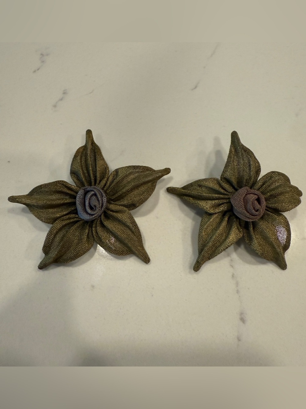Set of 2 Fabric Flower Brooch Pin in Olive Green